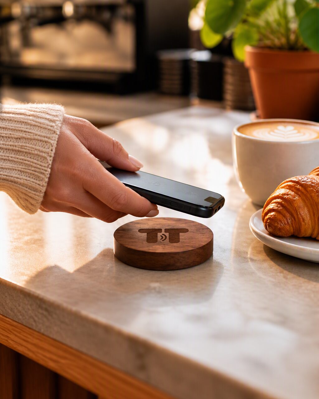 A customer taps their phone on a wooden Tap Twice stamp key at a café counter